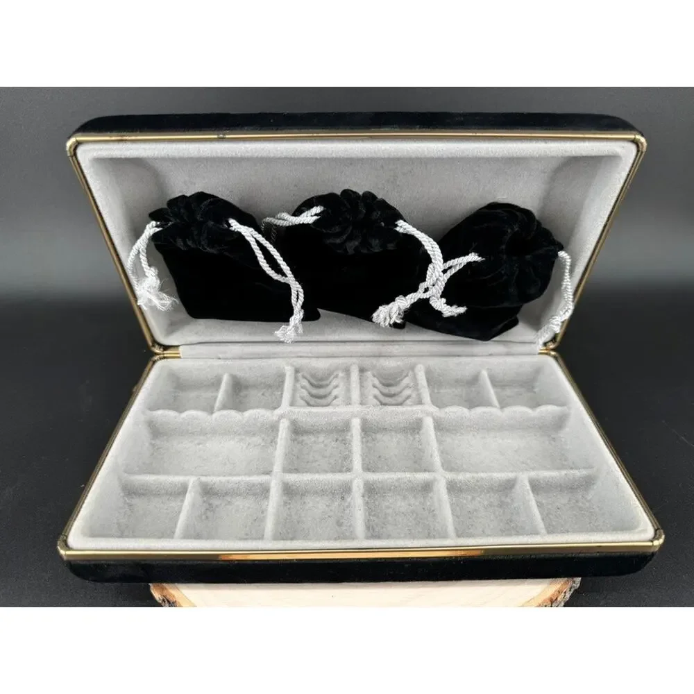 Vintage Black Velvet Jewelry Box w/ Pouches Gold Trim Travel Organizer